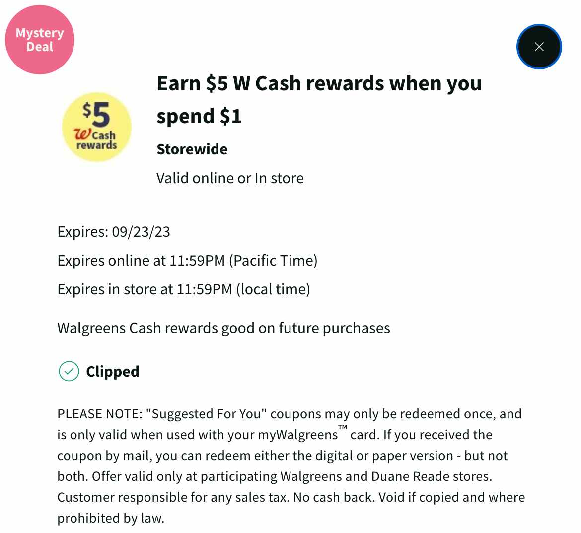 screenshot image of Walgreens Cash booster coupon