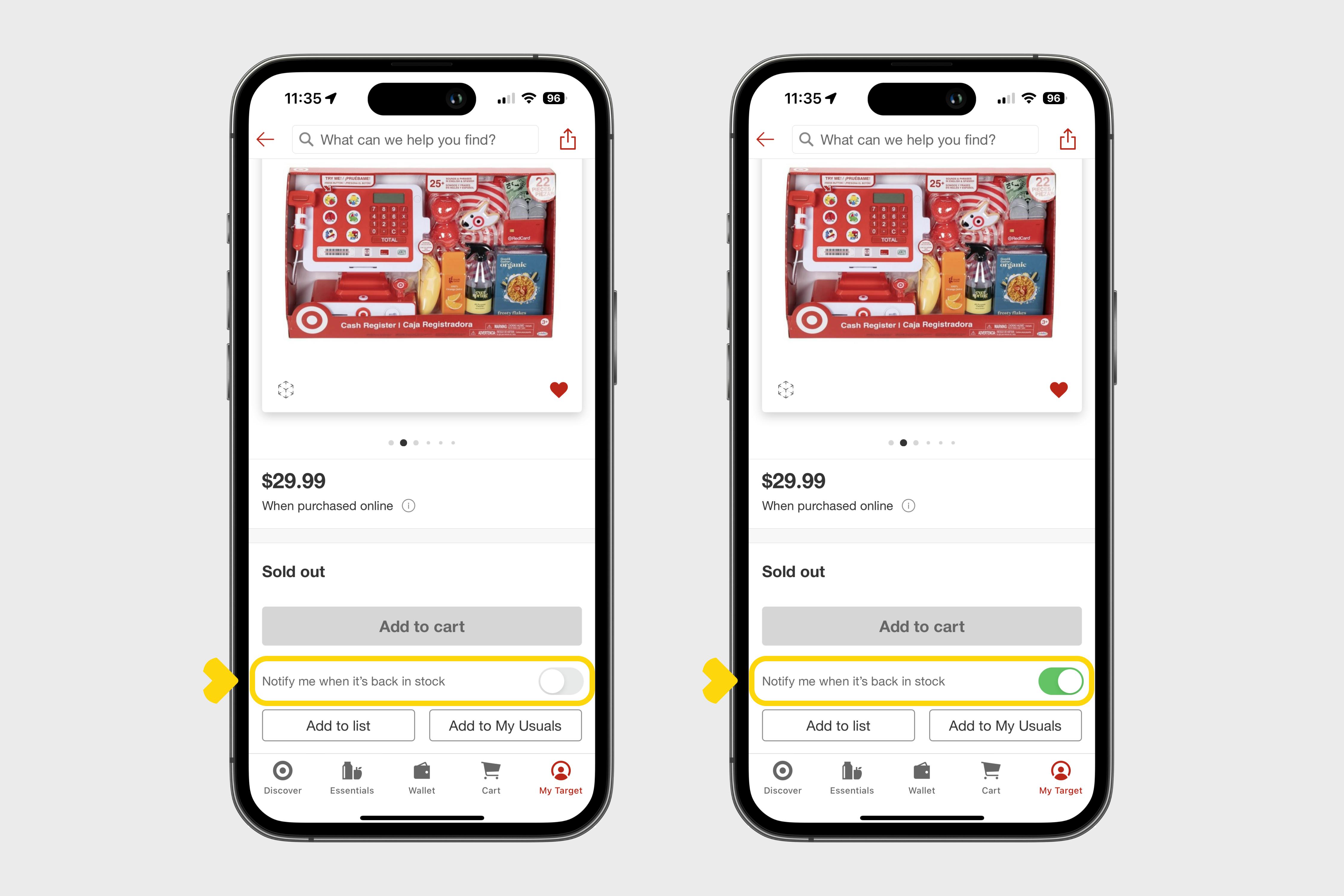 two phones, one showing the Notify me when it's back in stock toggle off and the other showing it switched on