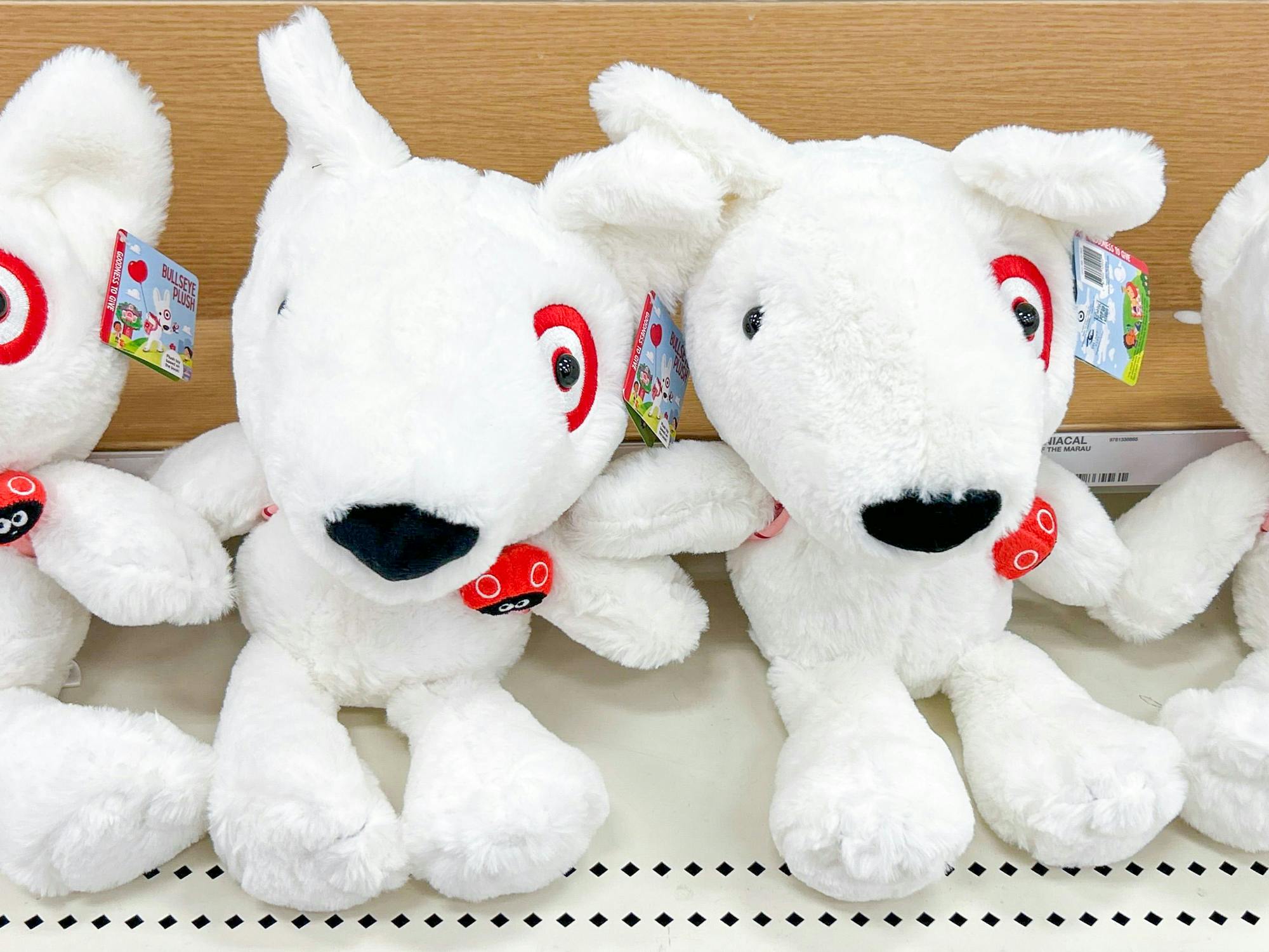 some of the Target Bullseye plush toys on a shelf