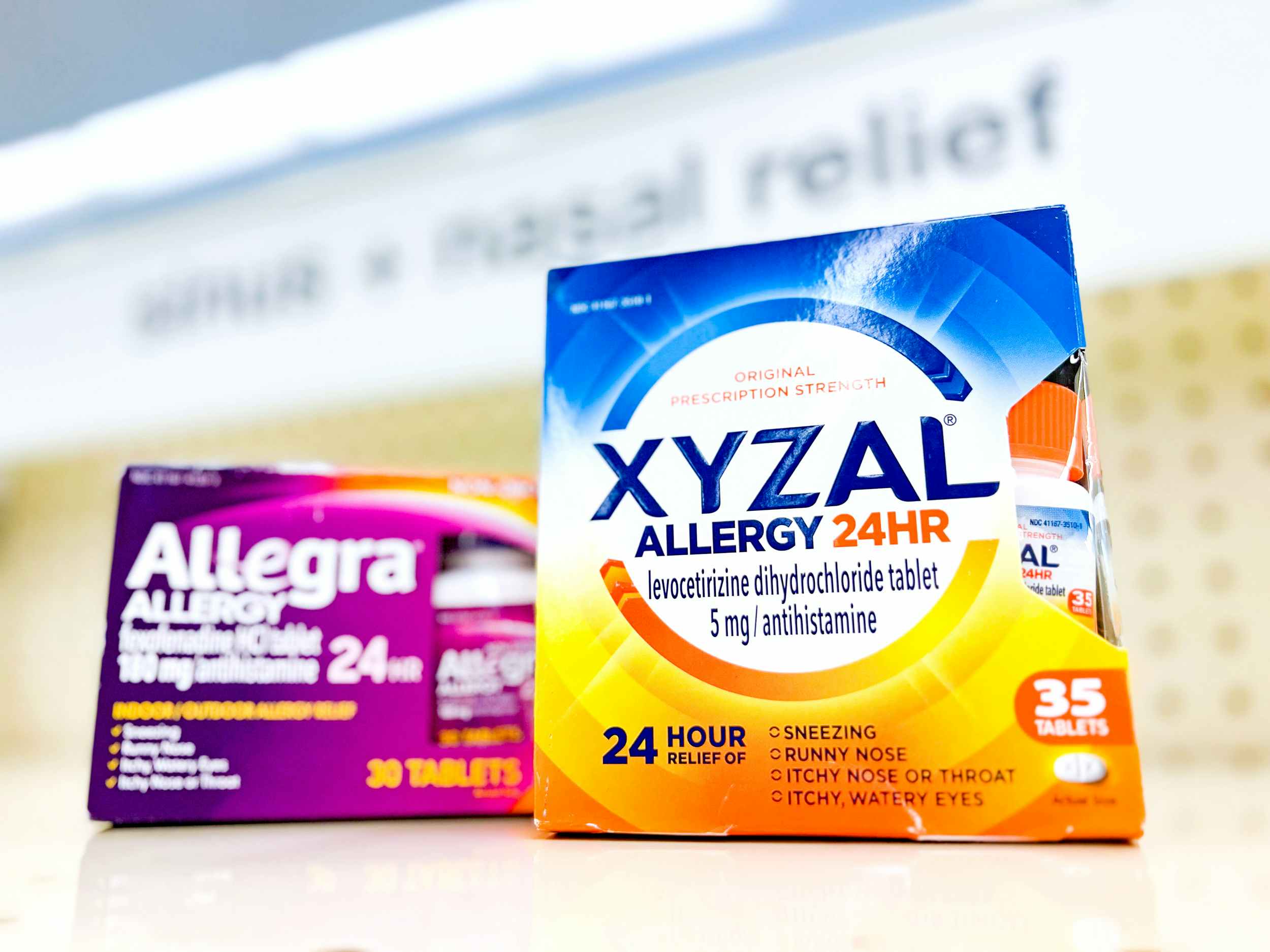 allegra and xyzal allergy medication in walgreens pharmacy aisle