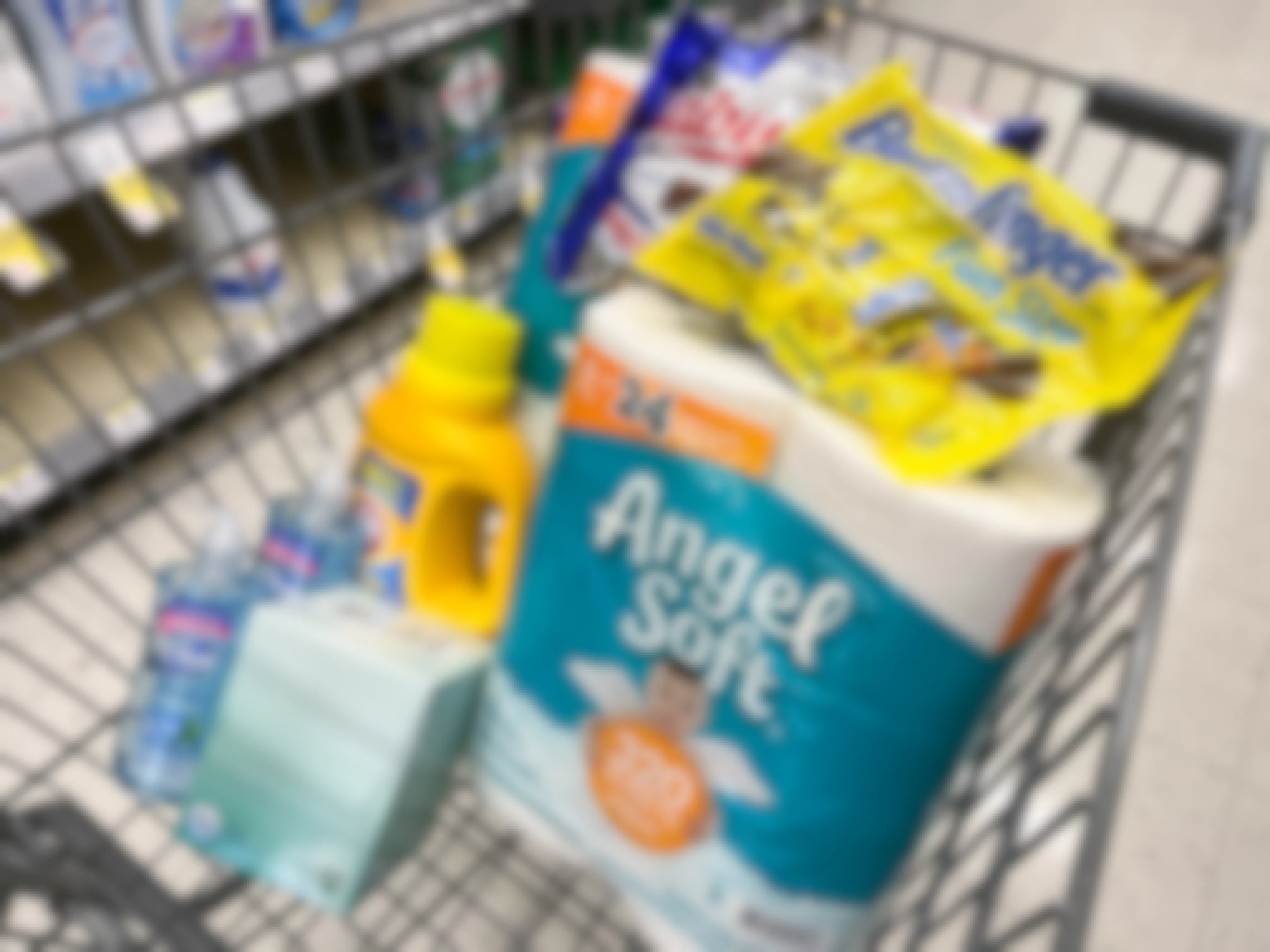 angled view of shopping cart with walgreens shopping haul