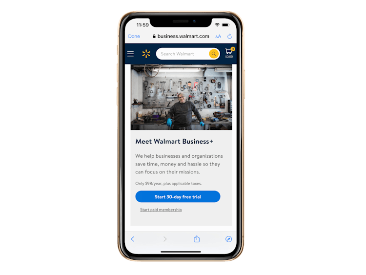 an iphone with the walmart business plus website pulled up on it 