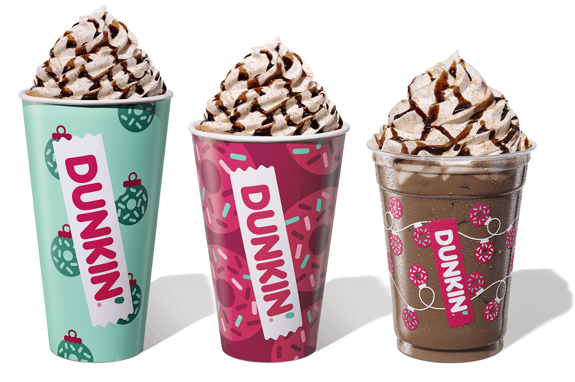 Three version of the Peppermin Mocha signature drink Dunkin Donuts