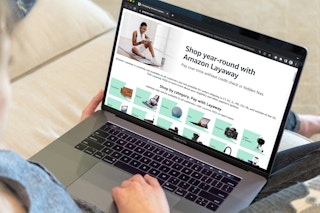 person on laptop looking at amazon layaway landing page