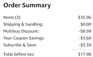 An Amazon order summary ending in $17.98