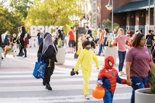 Groups of people dressed in Halloween Costumes