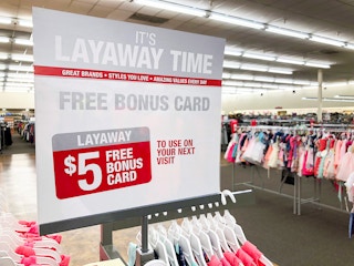 a sign for layaway offering a bonus card
