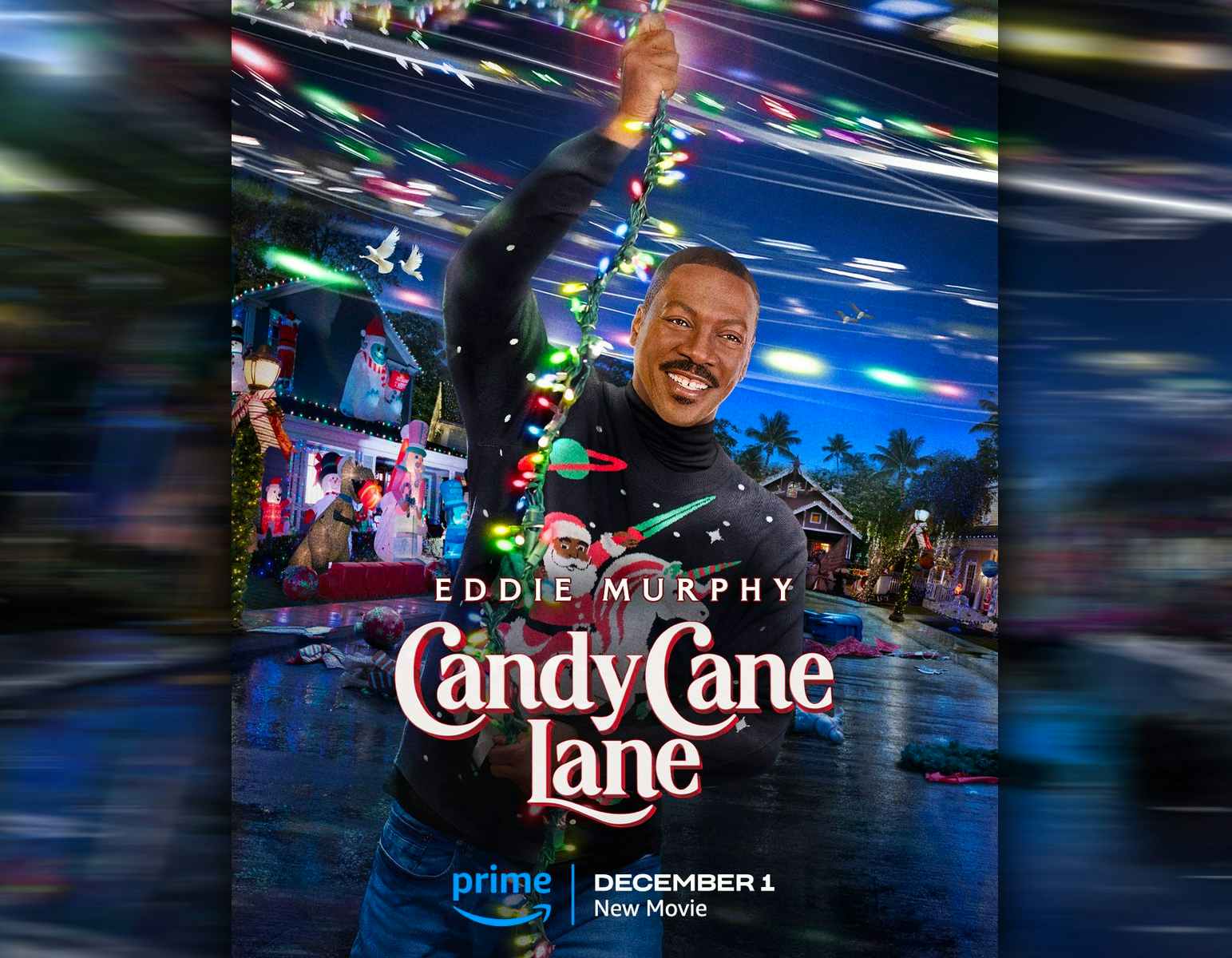 Poster for Eddie Murphy movie Candy Cane Lane, which will be in theaters as part of Amazon Prime Premiere