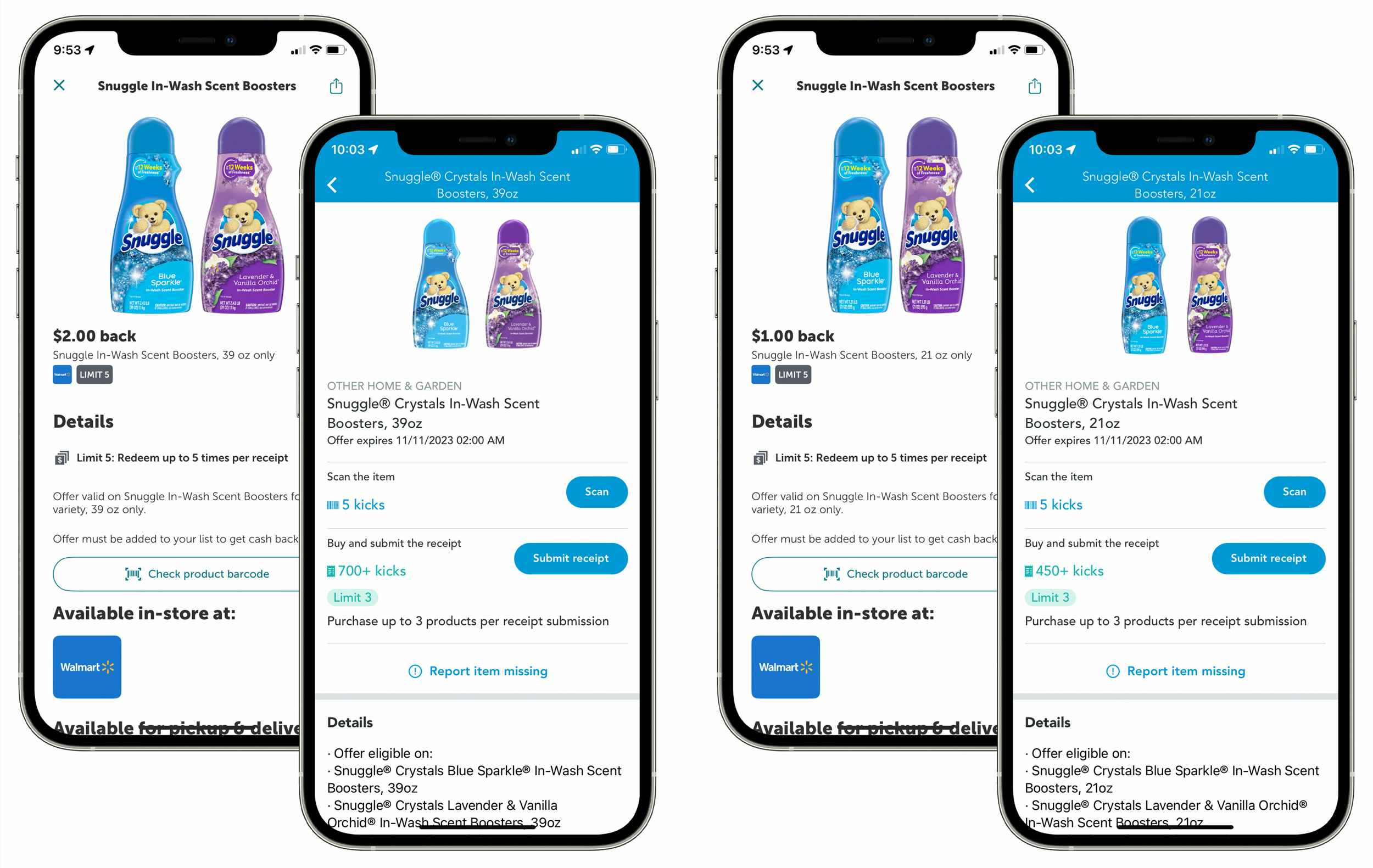 iphone screenshots showing offers for snuggle crystals in-wash scent boosters at walmart in ibotta and shopkick apps