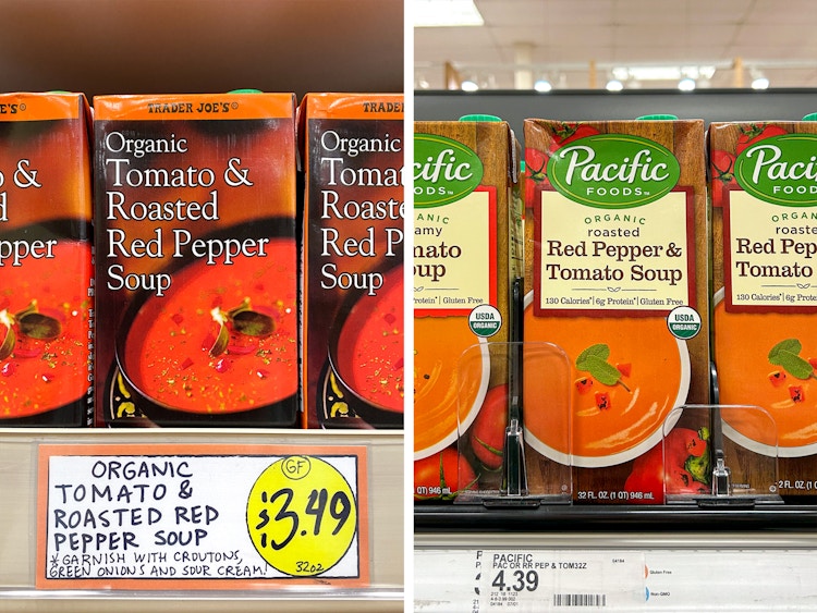 trader joes brand vs pacific organic roasted red pepper soup price comparison