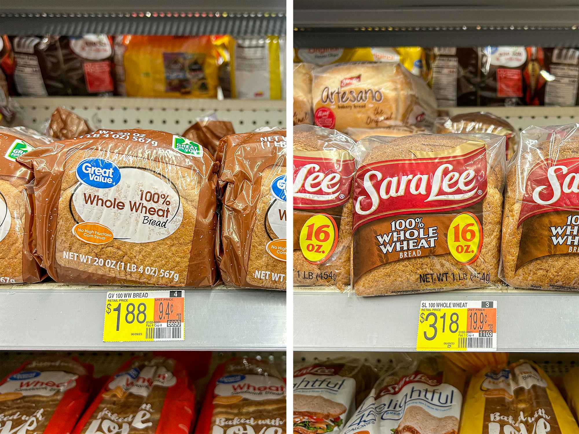 walmart's great value vs sara lee brand whole wheat bread price comparison