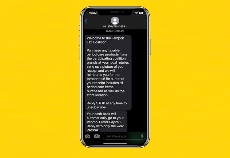 An iphone with the Tampon Tax Coalition text message displayed