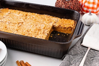 pumpkin dump cake in a baking dish