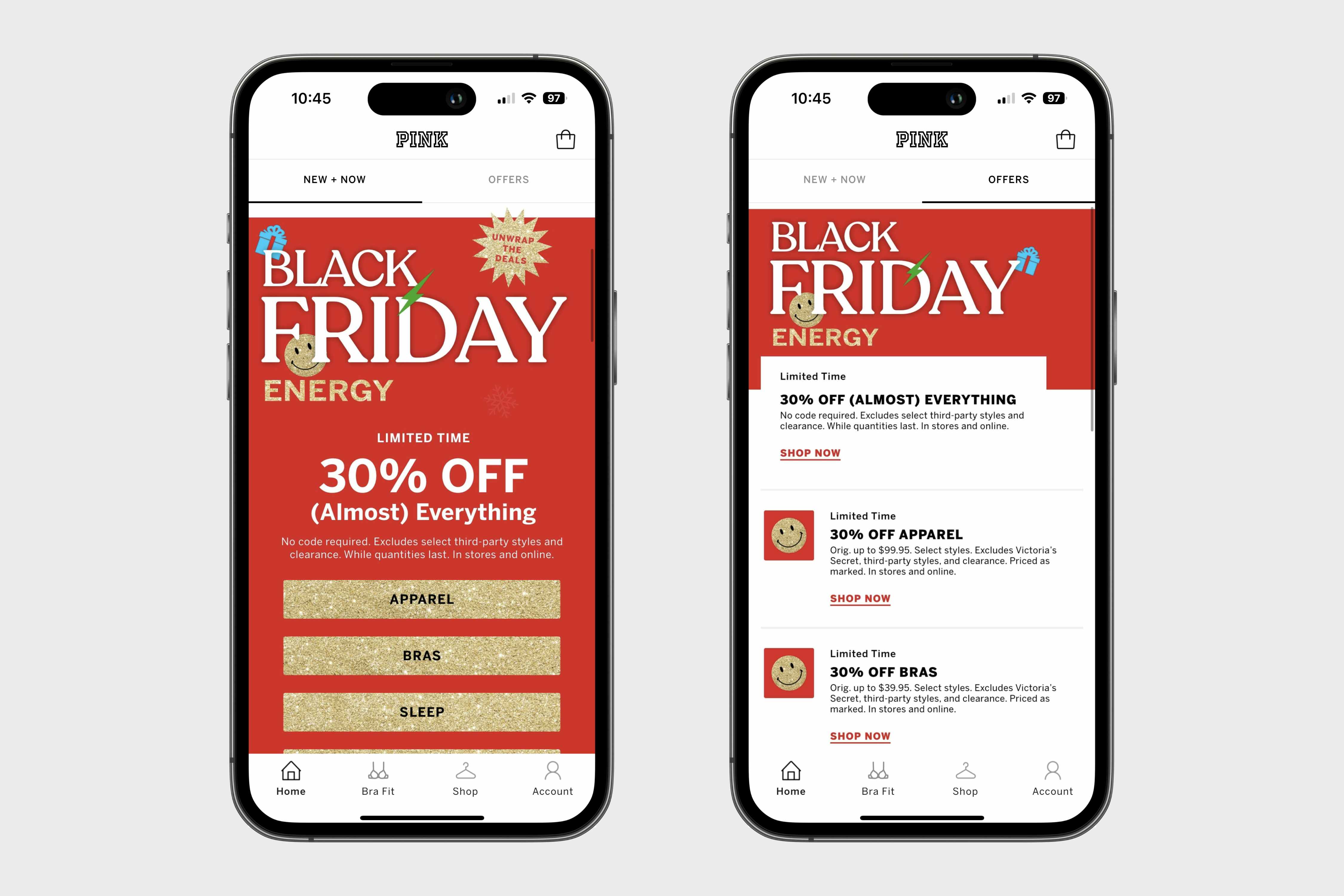 a graphic of two iphones showing blackk friday offers on the Victoria's Secret Pink App