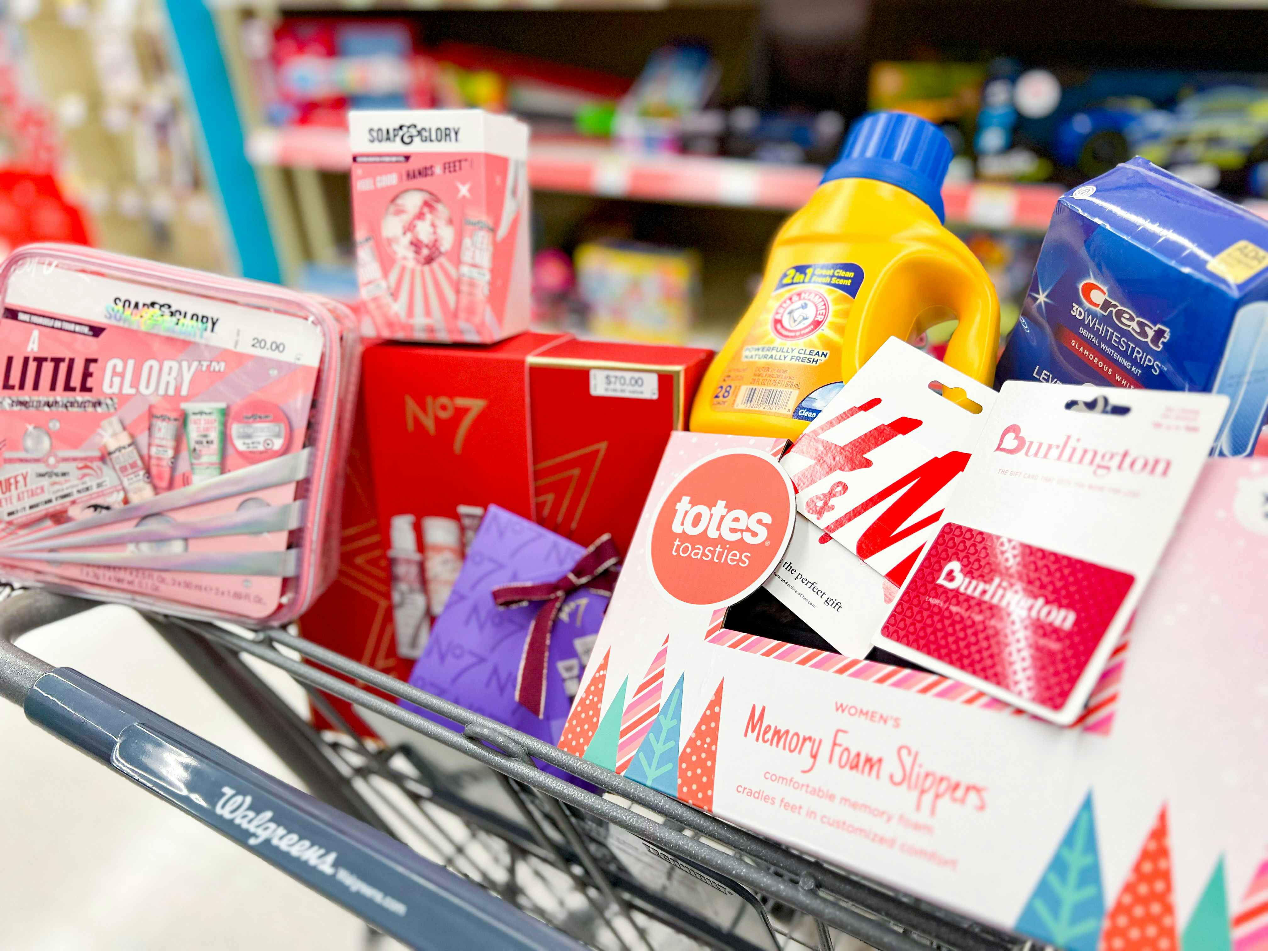 a walgreens cart filled with items